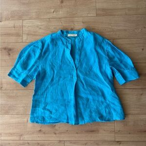 Stark Linen Shirt Blue Short Sleeve Button Front Lightweight USA Made L